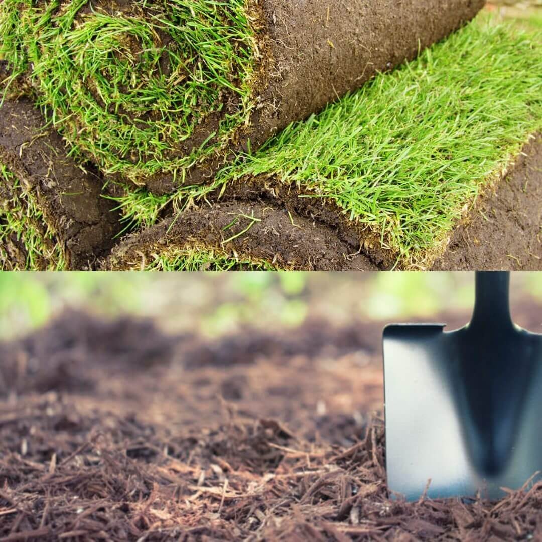 Mulch vs. Grass: Rolls of grass and mulch with shovel, ideal for nurturing healthy urban trees and landscaping.